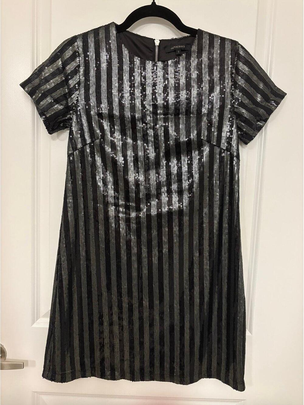 Olivaceous Black Silver Sequin Stripe Mini Dress Size Small